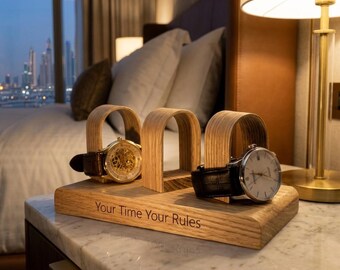 Personalised Oak Triple Watch Stand, Engraved Watch Holder, 3 Watch Display, Wooden Watch Stand, Custom Gift for Him Her