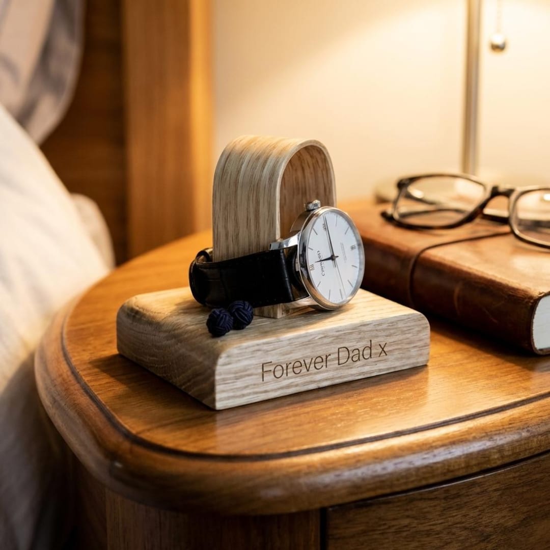 Personalised Oak Watch Stand, Engraved Wooden Watch Holder, Minimal ...