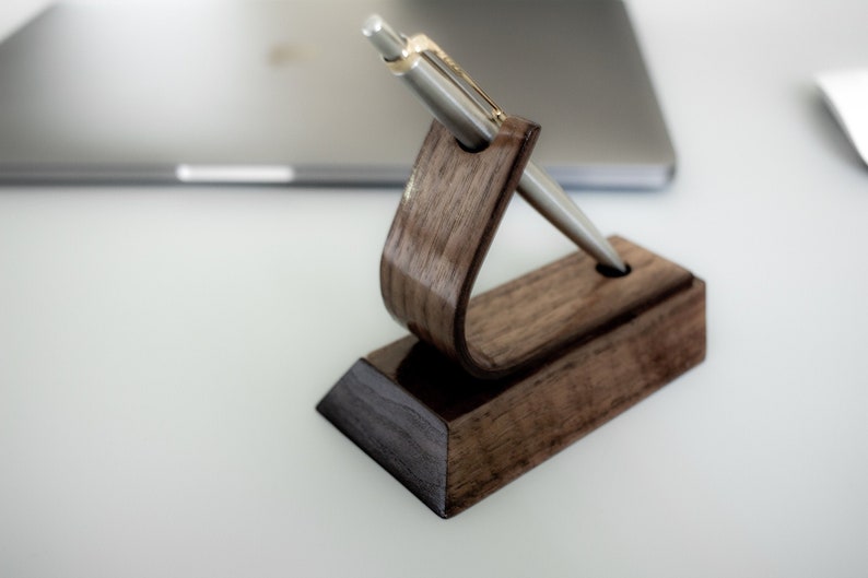 Luxury pen stand made from solid walnut dark wood - modern design gift for him