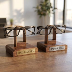 Custom engraved glasses stand walnut wood bedside organiser brass or steel plaque