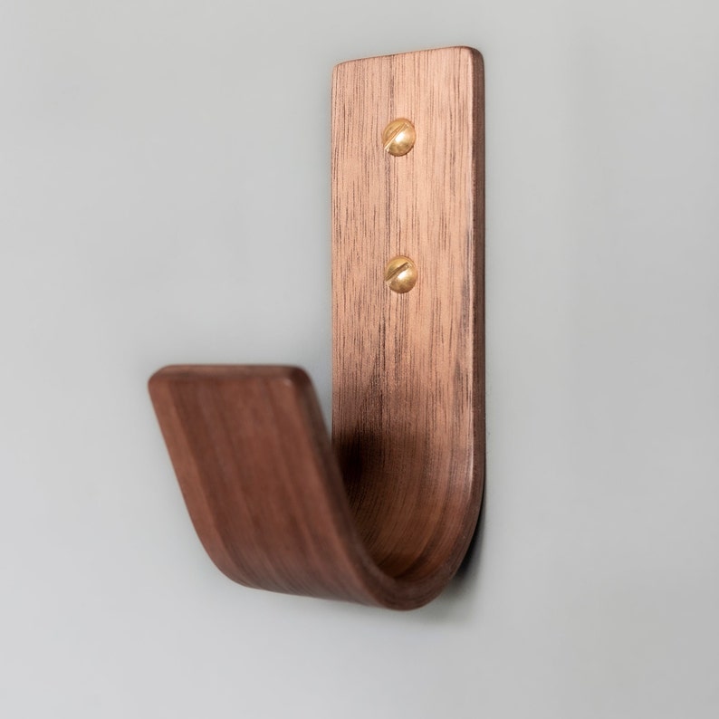 Coat J Coat Hooks Hardwood Wall Hooks Available in Walnut Oak and Ash Walnut - Brass