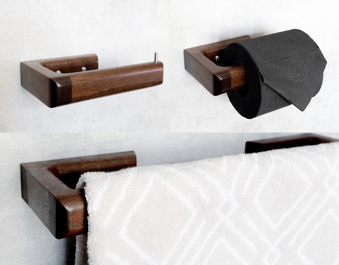 Walnut Toilet Roll Holder Towel Rail Rack Set 2 Piece - Etsy