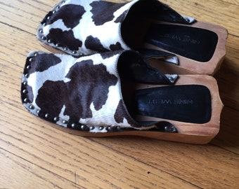 Nine West Cowhide Wooden Clog Mule Slides! Size 6.5 Brown Black