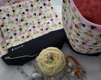 Pink, green, and black geometric project bag, Zippered Project Bag,    project bag,  Storage bag