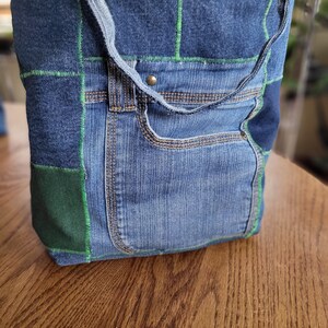 Recycled Pieced Denim tote bag, recycled bag, large project bag, book bag, tote bag for knitters travel bag for knitters storage