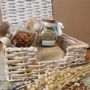 Glass jar with spices, spice rack, spice favor box
