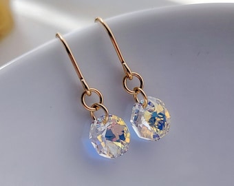 Iridescent Aurora Borealis Dangle,  Gold Filled Hook Earrings ,Crystal Octagon Earrings, AB Earrings, Rainbow Crystal Earrings