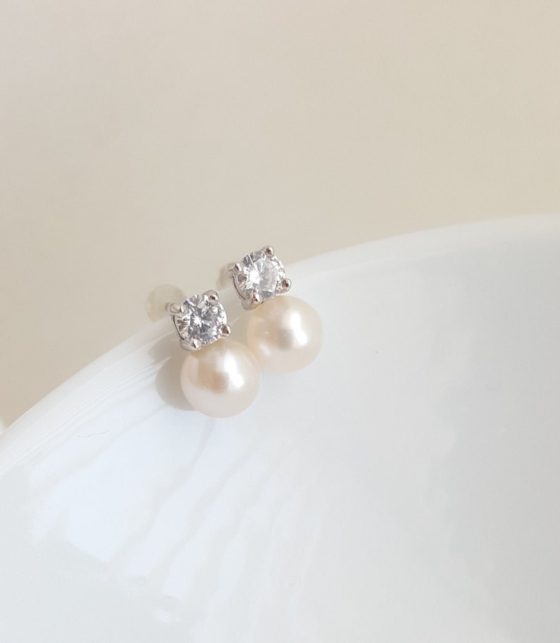 Sterling Silver Small Pearl Earrings Cubic Zirconia Pearl Earrings 6 MM Round Freshwater Pearl Pearl Stud Earrings White Pearl Stud