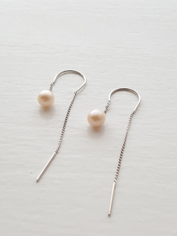 Pearl Threader Earrings Pearl Earrings Sterling Silver Chain Etsy
