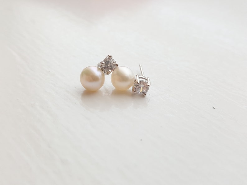 Sterling Silver Small Pearl Earrings Cubic Zirconia Pearl Earrings 6 MM Round Freshwater Pearl Pearl Stud Earrings White Pearl Stud