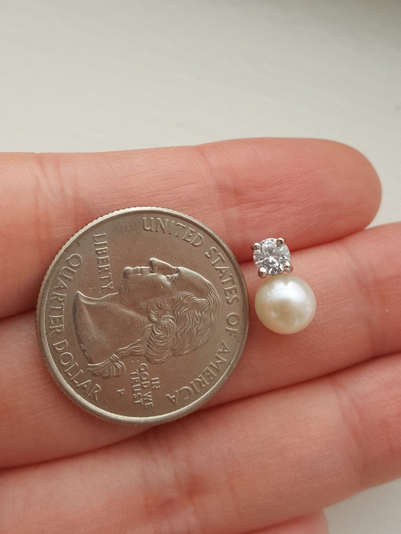 Sterling Silver Small Pearl Earrings Cubic Zirconia Pearl Earrings 6 MM Round Freshwater Pearl Pearl Stud Earrings White Pearl Stud