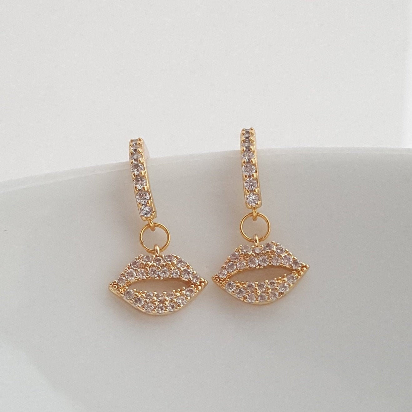 Lip Hoop Earrings Gold CZ Hoop Earrings Kiss Lip Earrings Etsy