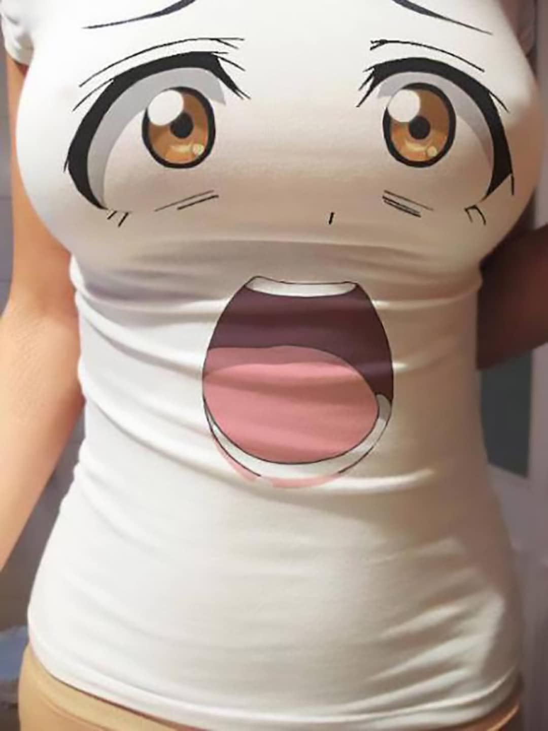 Anime Kawaii Surprise Face Emoji Shirt Sexy Boobs Anime Big Eye Girl Shirt , Shocked Face for