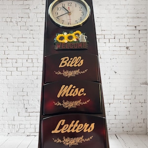 Rustic Sunflower Wall Clock Mail Organizer – Bills, Letters & Misc Holder