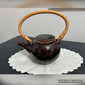 Signed Vintage Studio Pottery Teapot | Rich Treacle Glaze Stoneware | Artisan Bamboo Handle Tea Pot | Handcrafted Ceramic