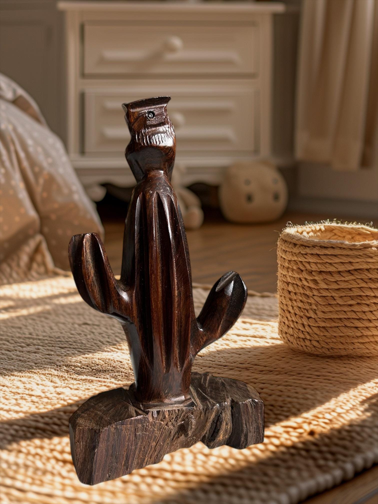 Hand-Carved Ironwood Saguaro Cactus Figurine with Owl