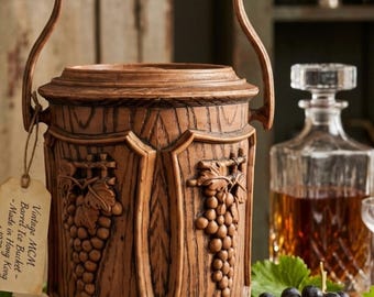 Vintage Mid Century Faux Wood Ice Bucket with Grapes & Leaves Motif - 1970s Retro Barware - MCM Faux Bois Plastic Wine Chiller with Handle