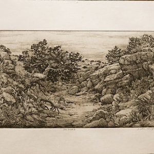The Bend II  - tree, arroyo, landscape etching.
