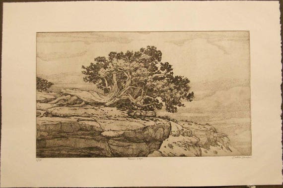 Mesa's Edge  mesa, tree, sepia toned, etching,intaglio, limited edition, signed and numbered, southwest landscape,new mexico, cream paper