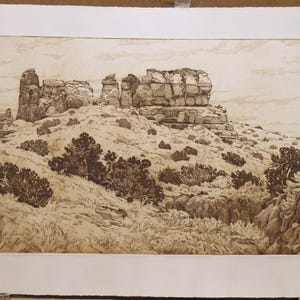Broken Mesa -- desert landscape, mesa, trees, arroyo, large etching.