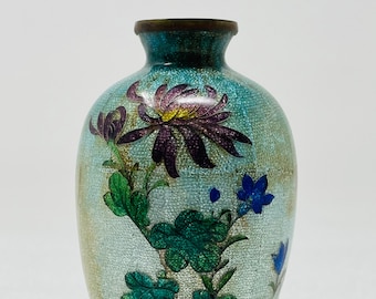 Antique Japanese Ginbari Silver Foil Miniature 3.5” Vase Turquoise Blue Floral-Artist Signed Japan Cloisonné Enamel Art