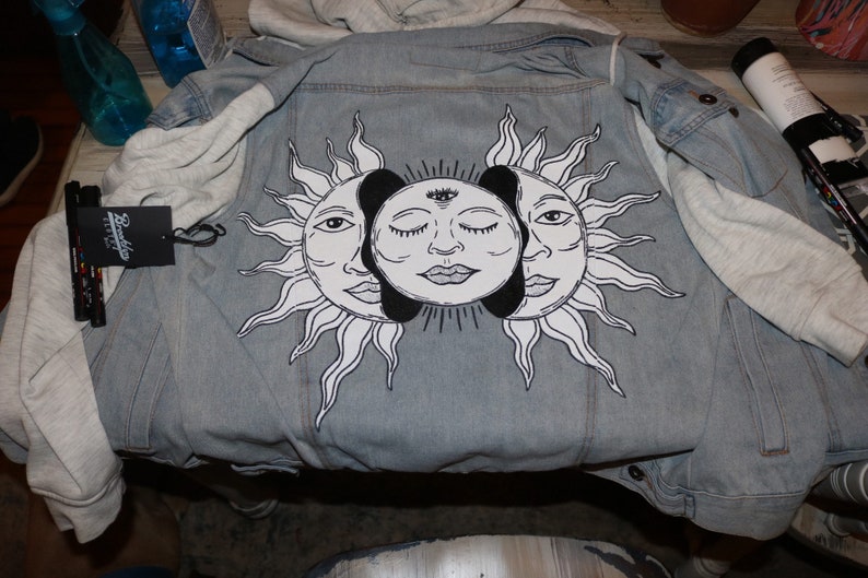 Handpainted \u201cLife is balanced\u201d Denim Jacket