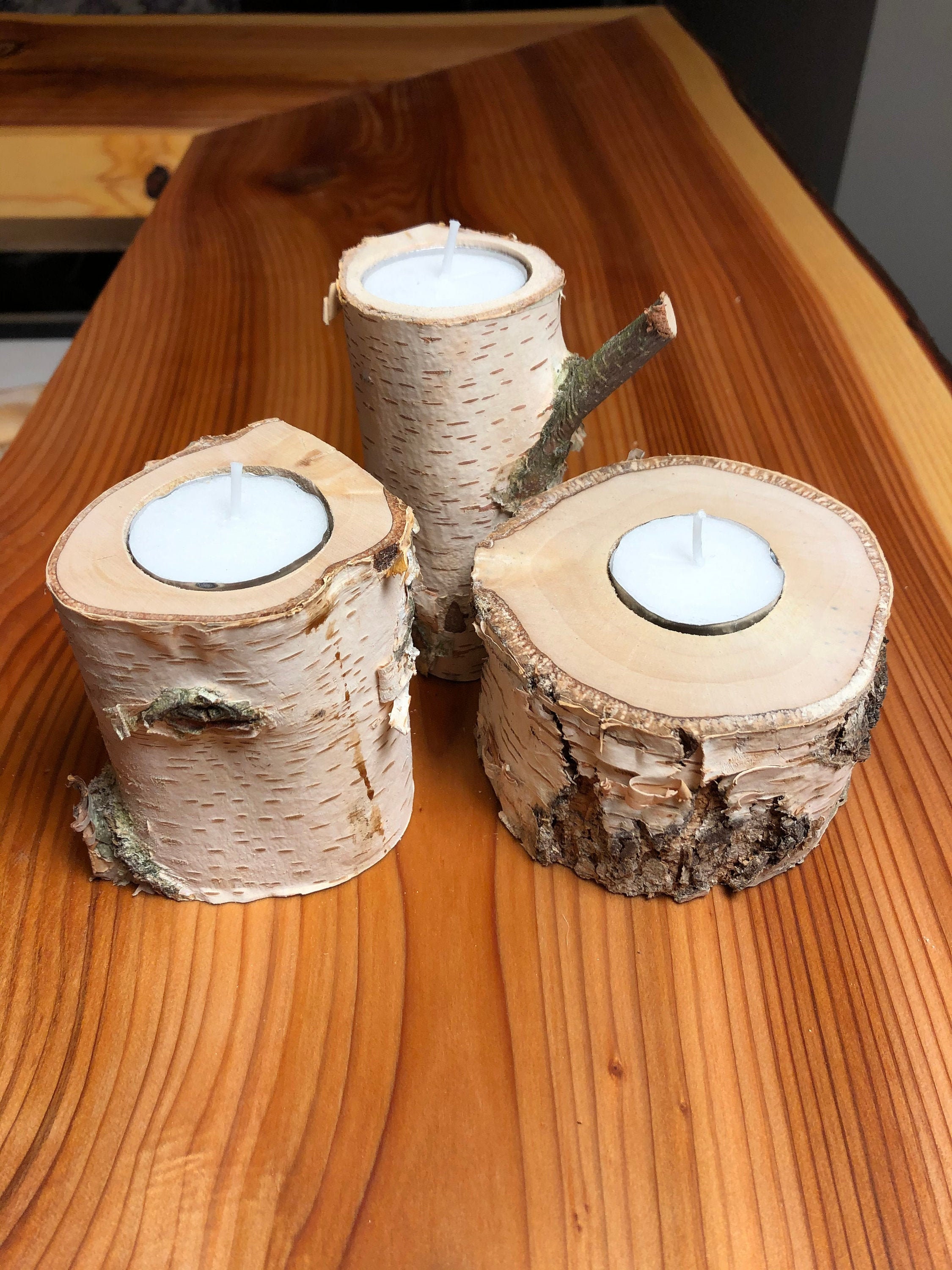 Set of 3 Wood Candle Holder Live Edge Etsy
