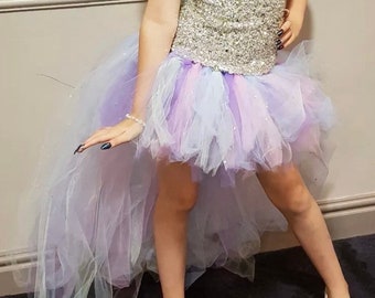 May include: A young person wearing a silver sequined bodice with a multi-layered tulle skirt in shades of purple, pink, and blue. The skirt has a long train.