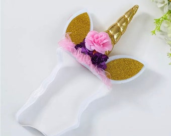 Elasticated Unicorn headband, babies and girls headband, pastel white and gold headband, purple unicorn hairband