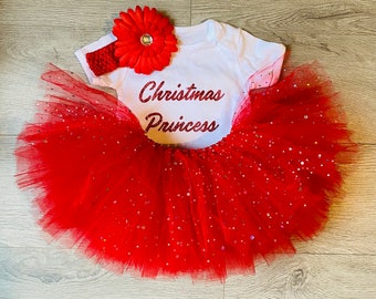Conjunto navideño para niñas: Tutú rojo de lentejuelas, chaleco de princesa navideña y diadema.