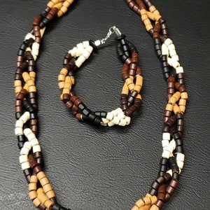 Wooded Multi colored Beaded, Twisted Necklaces and Bracelet set