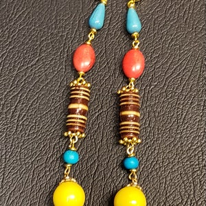 Brown, Yellow, Red and Blue Drop, Dangle Beaded Earrings
