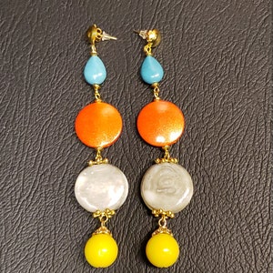 Blue, Orange, Gray and Yellow  Dangle and Drop Beaded Earrings