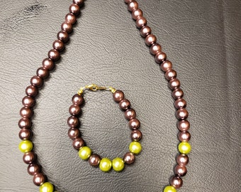 Perl Necklace Set, Brown and Olive Green Necklace and Bracelet set