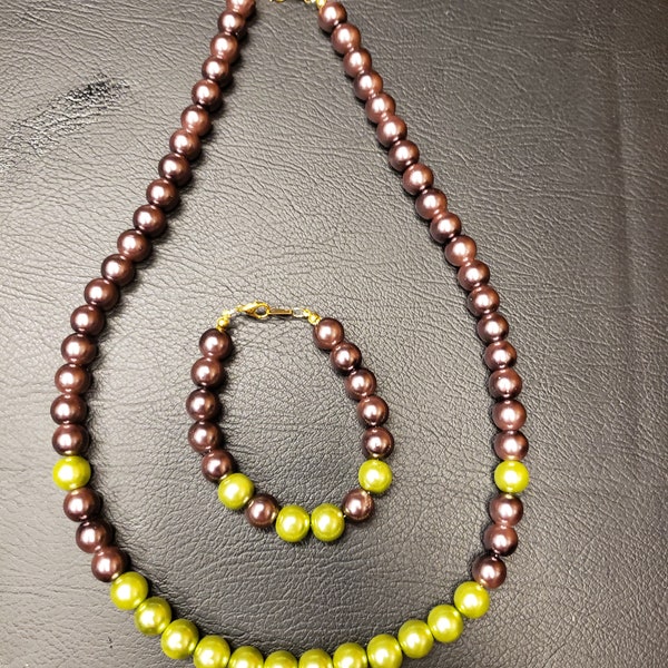 Perl Necklace Set, Brown and Olive Green Necklace and Bracelet set