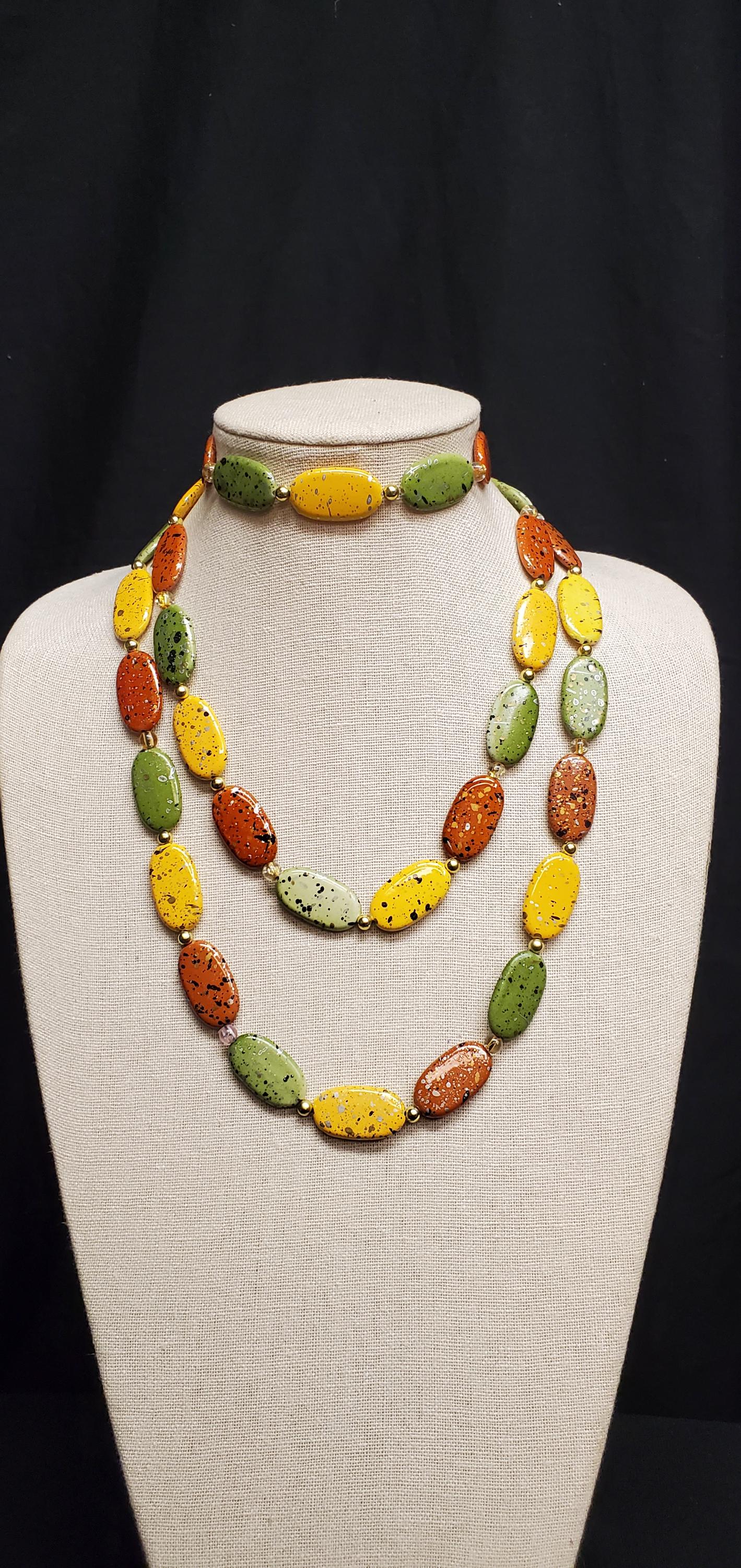 Conjunto de collar y pulsera amarillo, verde y naranja, conjunto