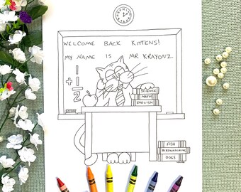 Cat Coloring page - First Day of School (PDF download)