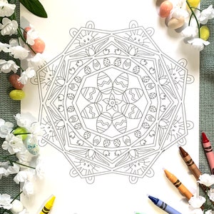 An Easter mandala coloring page.  This mandala features a daffodil in the center,  Easter eggs, chicks, tulips, and Easter bunnies.