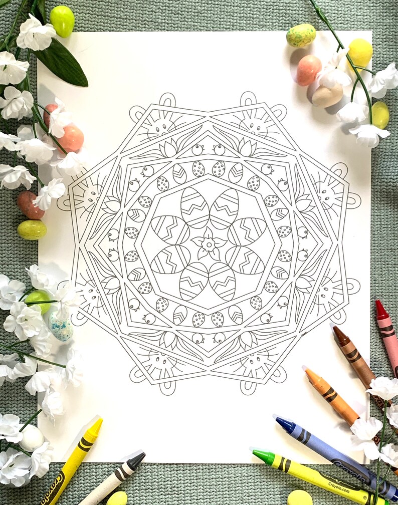 An Easter mandala coloring page.  This mandala features a daffodil in the center,  Easter eggs, chicks, tulips, and Easter bunnies.