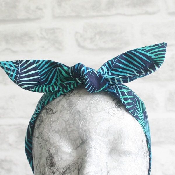 Blue palm leaf fabric cotton self tie headband with elasticated back, top knot hairband, dolly bow headband,