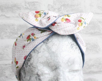 Reversible wire headband, Red wild strawberries and white double sided hairband, Retro hair twist, dolly bow headband