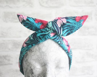 Palm and hibiscus flower wire headband, Retro hair twist hairband, dolly bow headband, pin up hair wrap