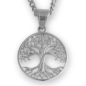 May include: A silver necklace with a circular pendant featuring a detailed tree of life design.