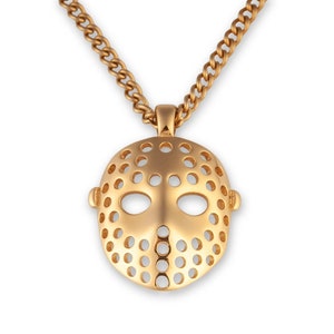 Vintage Hockey Mask Pendant: 18k Gold Plated Goalie Necklace
