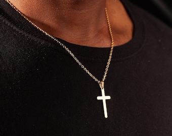 Cross Pendant for Men - Mens Gold Cross Necklace - Engraved Cross - Stainless Steel Cross Pendant and Chain