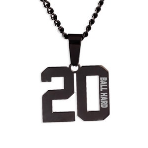 Custom Sports Number Necklace, Black Number Pendant with Engraving, Baseball Chain