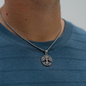 May include: A silver chain necklace with a tree of life pendant. The pendant is round and features a detailed design of a tree with branches and leaves.