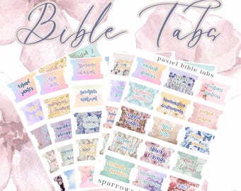 May include: Pastel colored Bible tabs with floral designs and the names of books of the Bible, such as Genesis, James, and Acts. The text "Sparrows & Wildflowers" is at the bottom of the image.