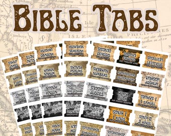Puede incluir: Un conjunto de pestañas para la Biblia con un fondo de mapa vintage. Las pestañas están etiquetadas con los nombres de los libros de la Biblia, como Génesis, Éxodo, Levítico y Salmos. Las pestañas están impresas en papel marrón con un aspecto desgastado. El texto "Seeking Jesus Bible Tabs" está impreso en la parte superior de la imagen. El texto "Sparrows & Wildflowers" está impreso en la parte inferior de la imagen.