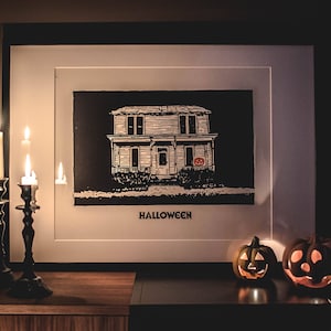 HALLOWEEN lino cut &quot;Homecoming&quot;, Haunted House with pumpkin, Michael Myers print, Horror, October